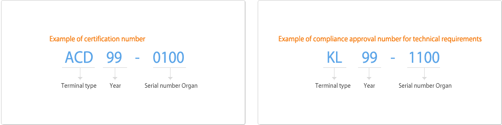 example of certificaiton number, acd=terminal type, 99=year, 0100=serial number organ, example of compliance approval number for technical requirements, kl=terminal type, 99=year, 1100=serial number organ